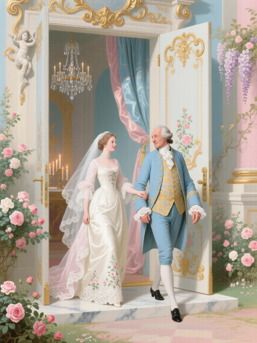 A bride holding hands with her father before entering the chapel  