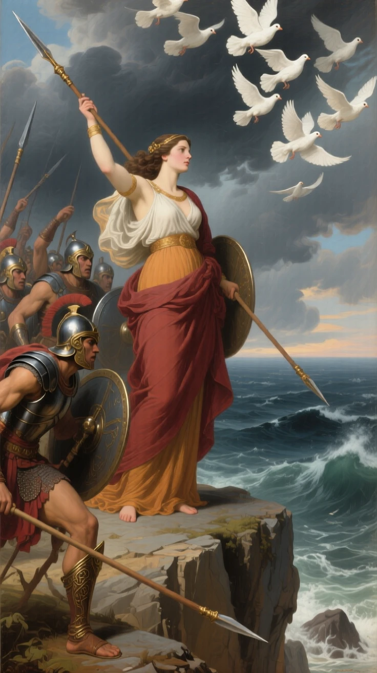 The Amazon queen Hippolyta leading her warriors into battle at the height of a decisive and unforgettable moment, set atop a cliff overlooking a stormy sea, with a flock of startled doves scattering into the sky above; sweeping drapery and gesture guide the eye across the whole scene, evoking awe, destiny, and the weight of history.