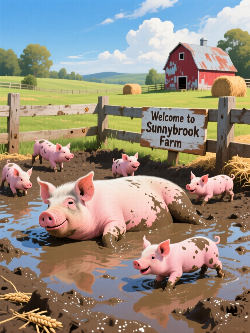 A family of pigs wallows contentedly in a muddy pen on a sunny farm, piglets squealing playfully around their resting mother, its posture alert yet relaxed, fully at ease within its natural surroundings.