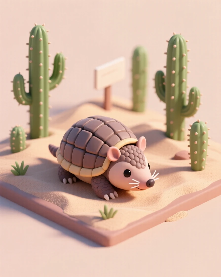 A curious armadillo rolling into a ball in a sandy desert clearing, cacti standing tall in the background.