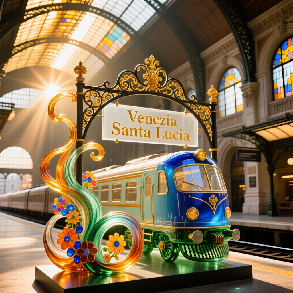 A grand train station with sunbeams pouring through arched glass ceilings, nostalgic and majestic.