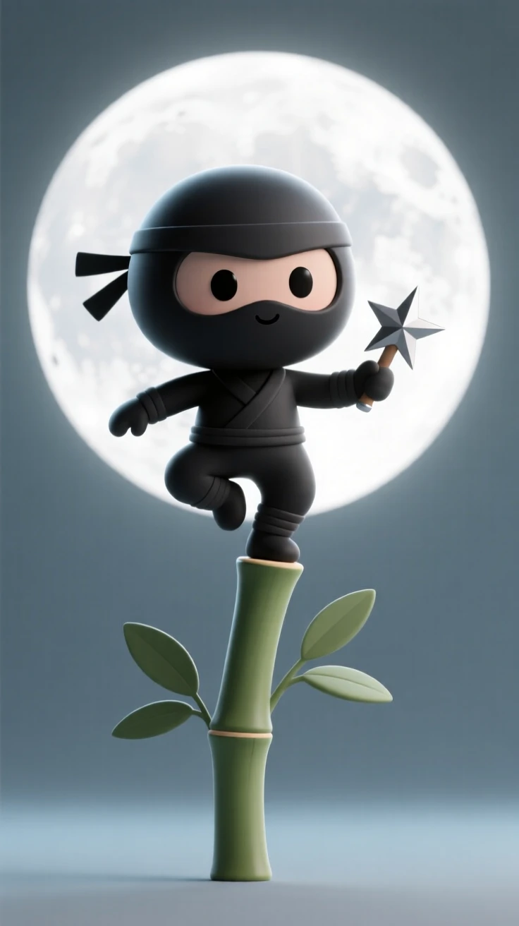 A focused ninja balances silently on a single bamboo stalk, moonlight glinting off a hidden throwing star.