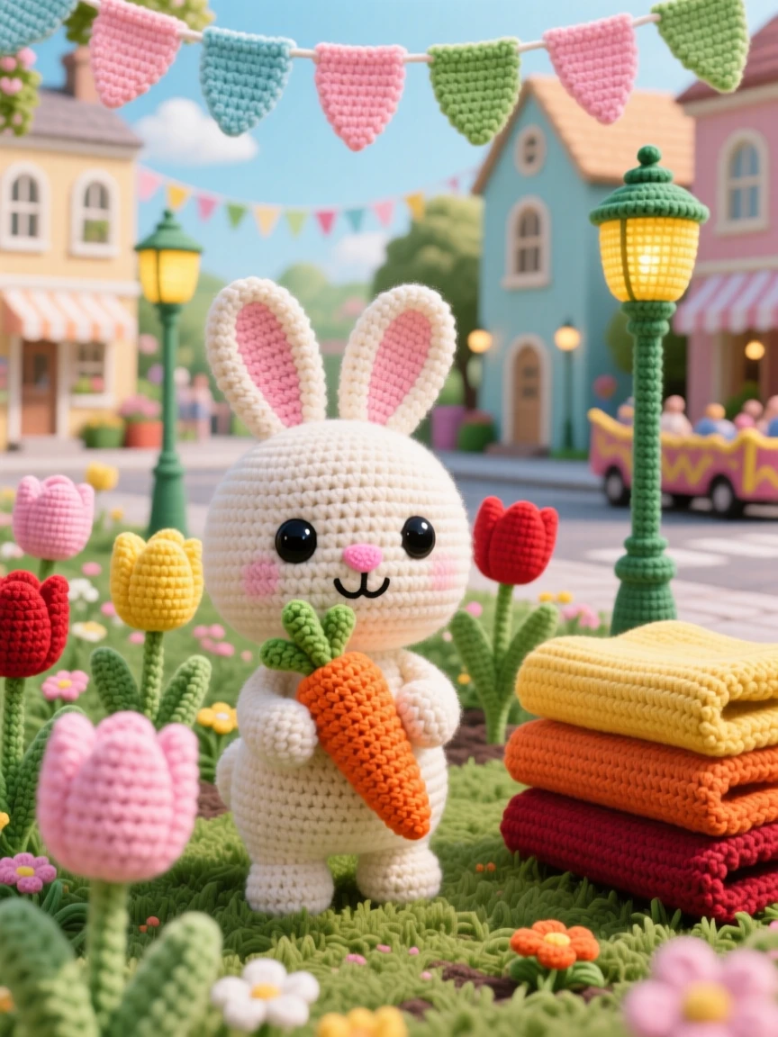 A festive scene of a cheerful spring bunny in a garden surrounded by blooming tulips, nibbling on a fresh carrot within a cheerful town square decorated for a parade; a stack of warm blankets nearby, radiating bright cheerful energy of a special day.