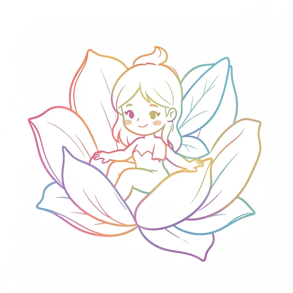 A tiny fairy character sitting inside a flower petal cradle.