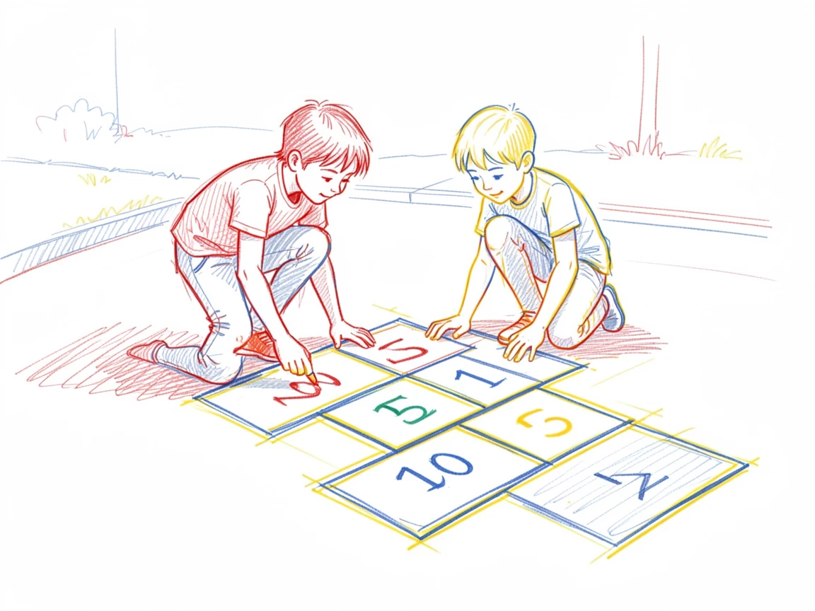 Siblings drawing a hopscotch grid together on the driveway