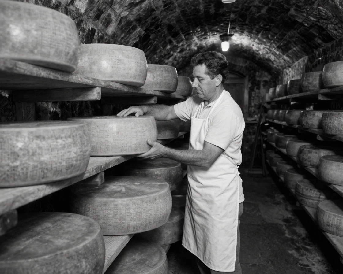 A cheesemaker turns wheels of aging cheese in a cool stone cellar.