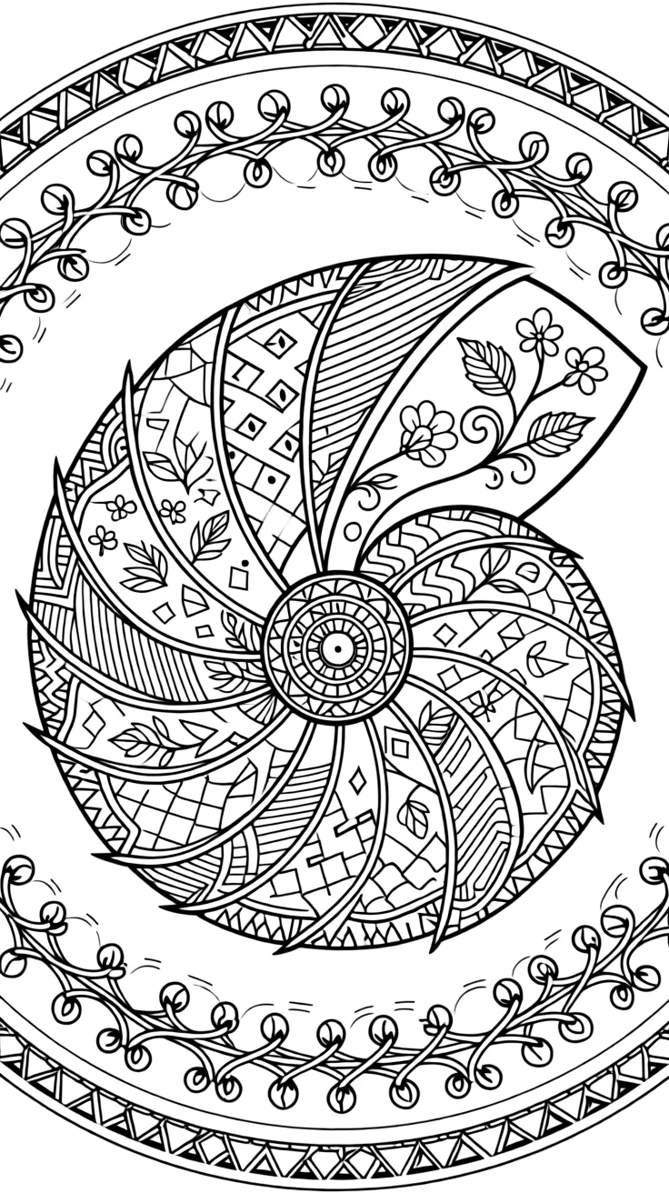 A mandala shaped like a spiraling nautilus shell cross-section.