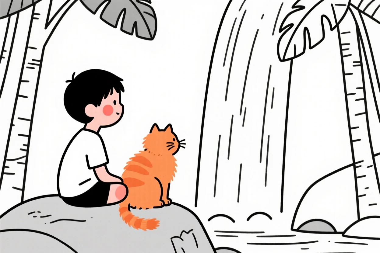 A little boy with a fluffy orange cat, lost in quiet contemplation, by a waterfall in the jungle.
