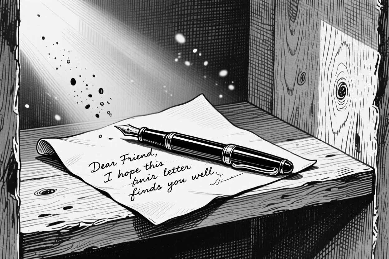 A fountain pen beside a letter displayed on an open shelf, with dust motes floating in a sunbeam, forming an elegantly simple still-life study.