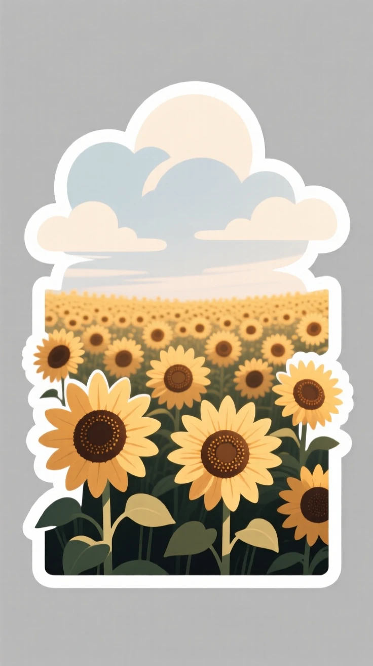 A softly glowing field of blooming sunflowers, with soft clouds drifting overhead, untouched and wonderfully quiet.