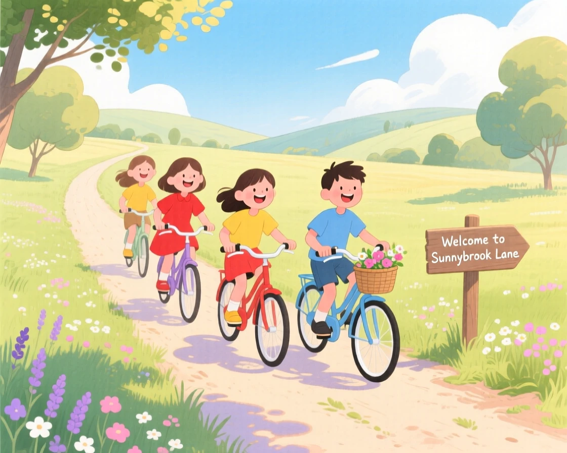 A joyful scene of a group of friends riding bicycles down a country lane.