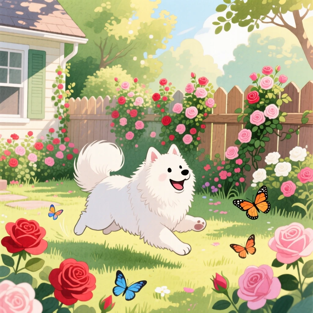 A fluffy samoyed dog chasing its own tail in a sunny backyard, set in a sunny cottage garden overflowing with roses, evoking warmth and gentle affection.