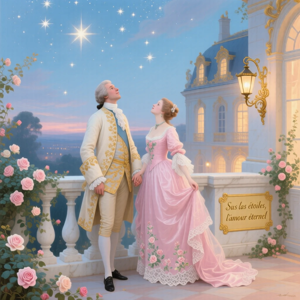 A couple gazing at the stars from a palace rooftop terrace  