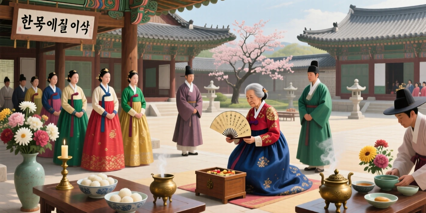 A traditional Korean hanbok ceremony held in a palace courtyard, capturing the customs and craftsmanship unique to the era, honoring the customs, craftsmanship, and spirit of the time