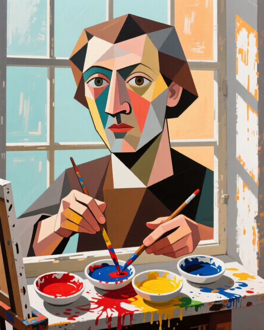 An artist mixing vivid colors in small dishes on a sunlit studio window.