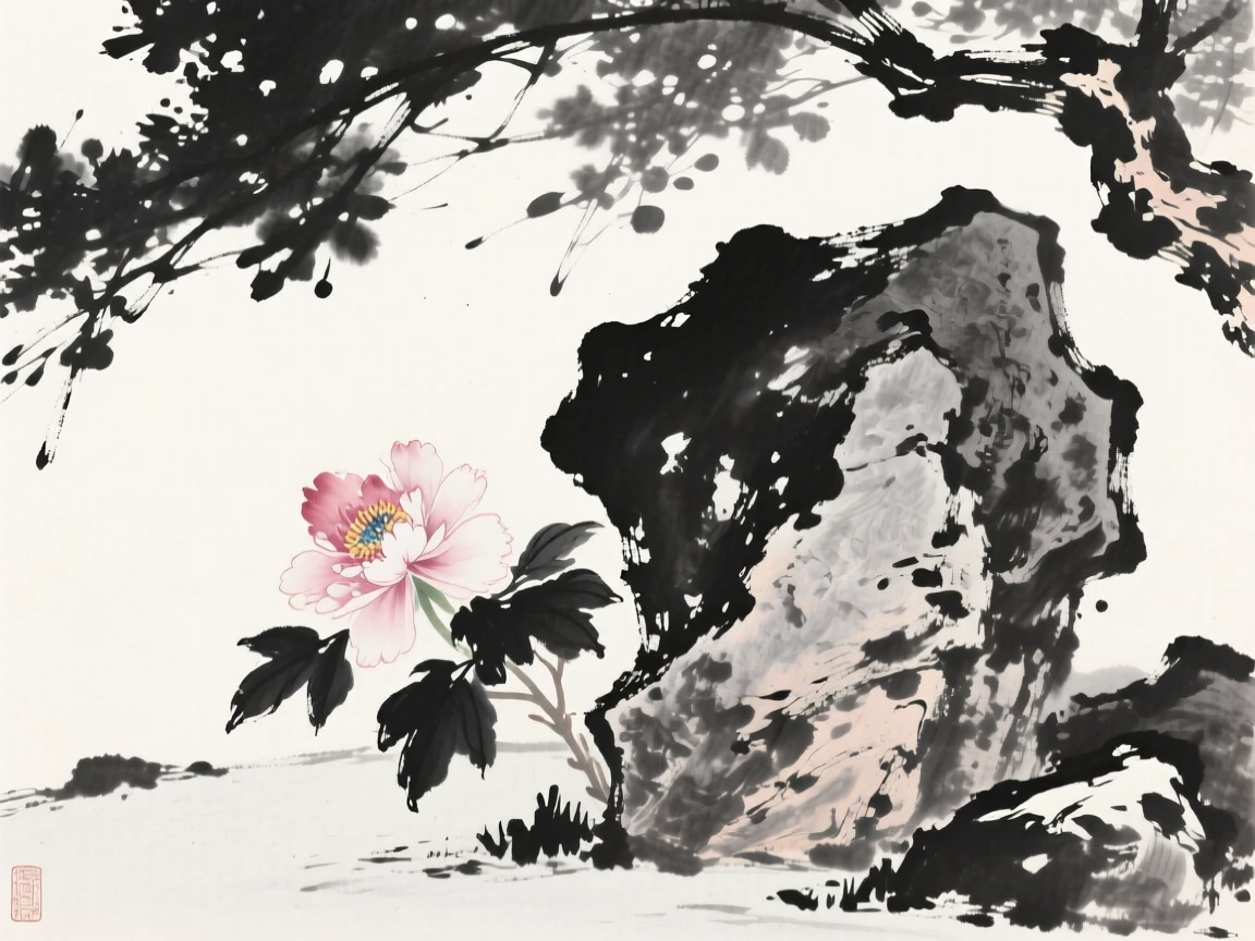 A single peony bloom rests beside a weathered garden rock, beneath the dappled shade of a nearby tree.