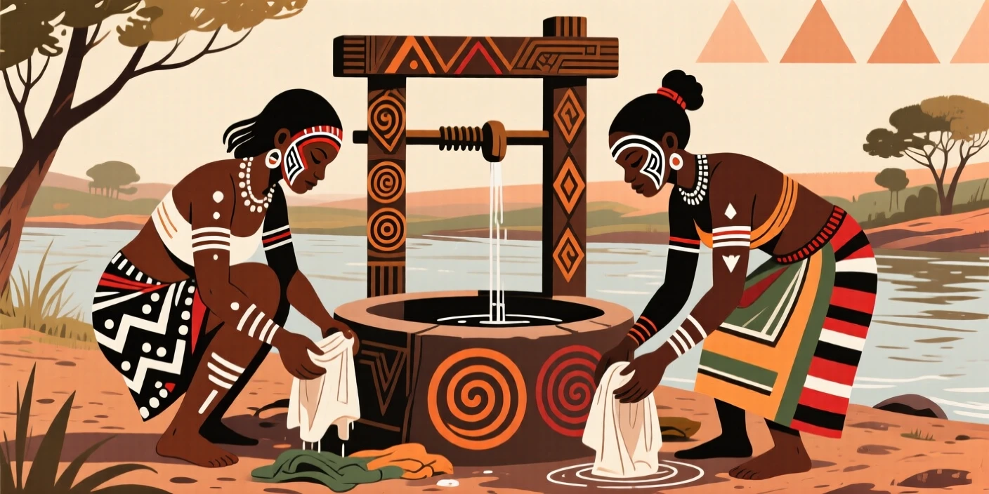Women washing clothes at the riverbank beside a communal well.