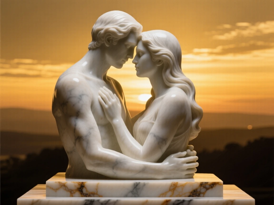 An emotionally powerful scene of a couple silhouetted against a golden horizon, filled with warmth, tenderness, and connection