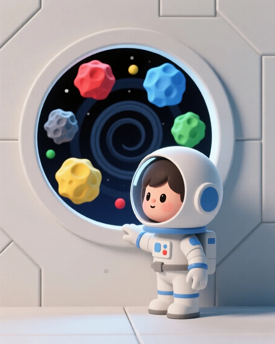 A curious young astronaut peers out of a spacecraft window at a swirling ring of colorful asteroids.