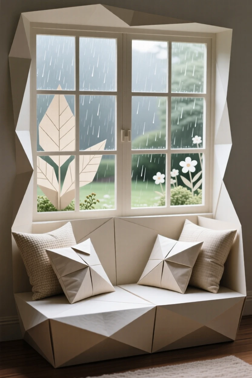 A cozy window seat piled with cushions overlooking a garden in the rain.
