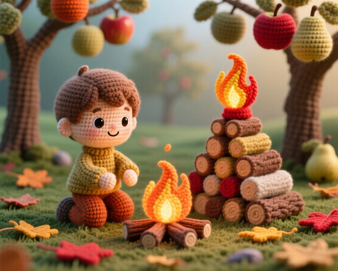 a small boy building a bonfire for a festival, stacking small logs carefully, is shown watching the first flames catch in a quiet orchard heavy with ripening fruit beside a scattering of fallen leaves or petals, capturing festive excitement and shared celebration.