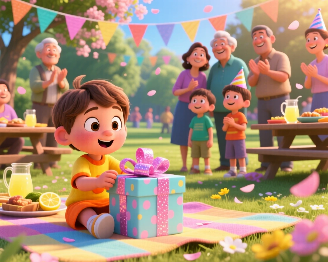A child receiving a surprise birthday gift unfolds at a lively community celebration, with flower petals scattered on the breeze. The mood is triumphant, warm, and full of love.