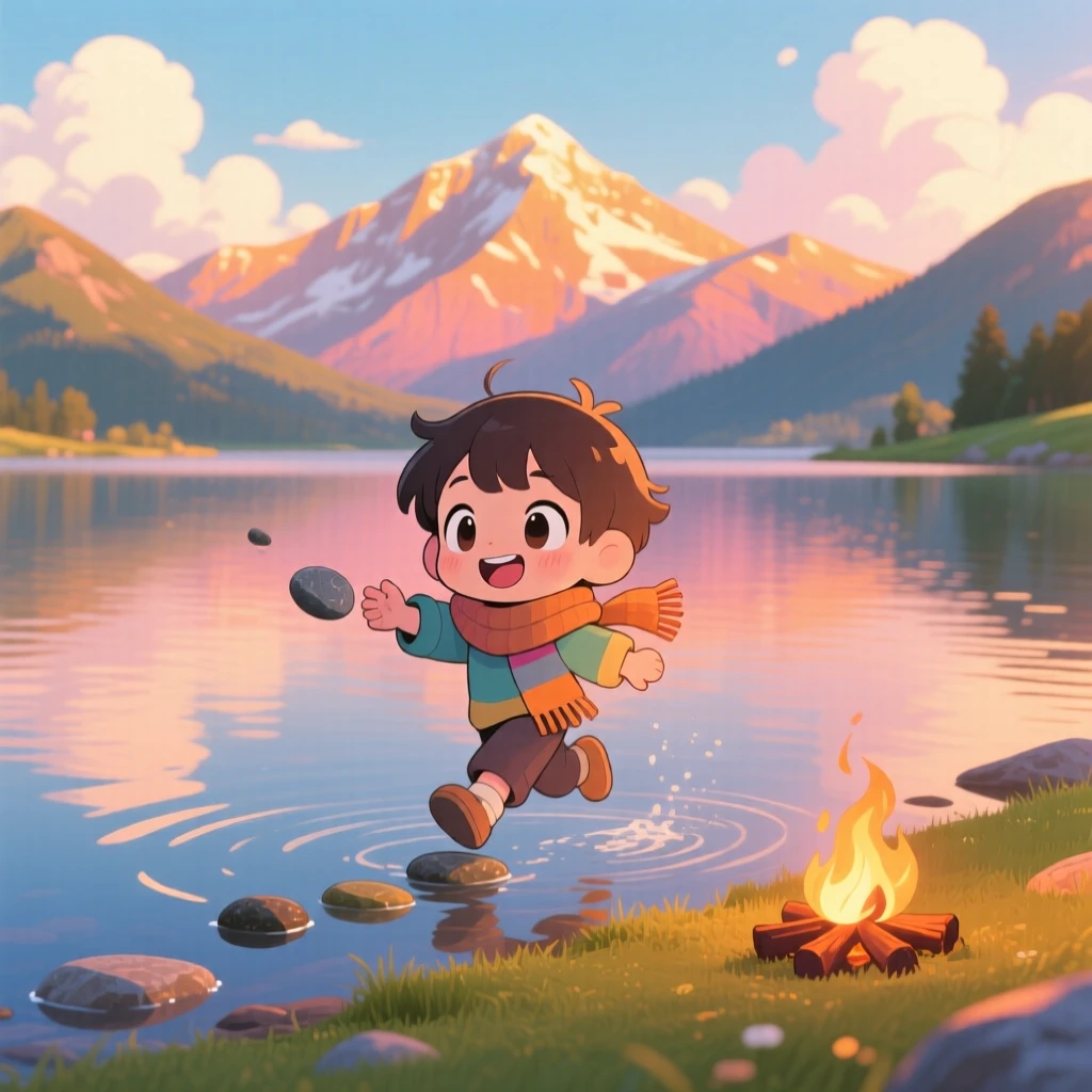 A small child skipping stones across a calm lake, framed as a symmetrical front-on view within a mountain lake at golden hour, beneath fluffy drifting clouds, glowing under cozy firelight, evoking triumphant pride.