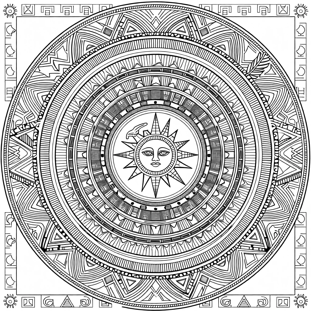 A mandala composed of nested sun-stone-inspired carvings.