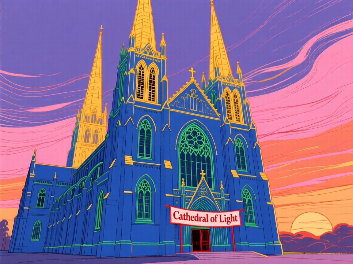 A grand cathedral with tall spires against a sunset sky.