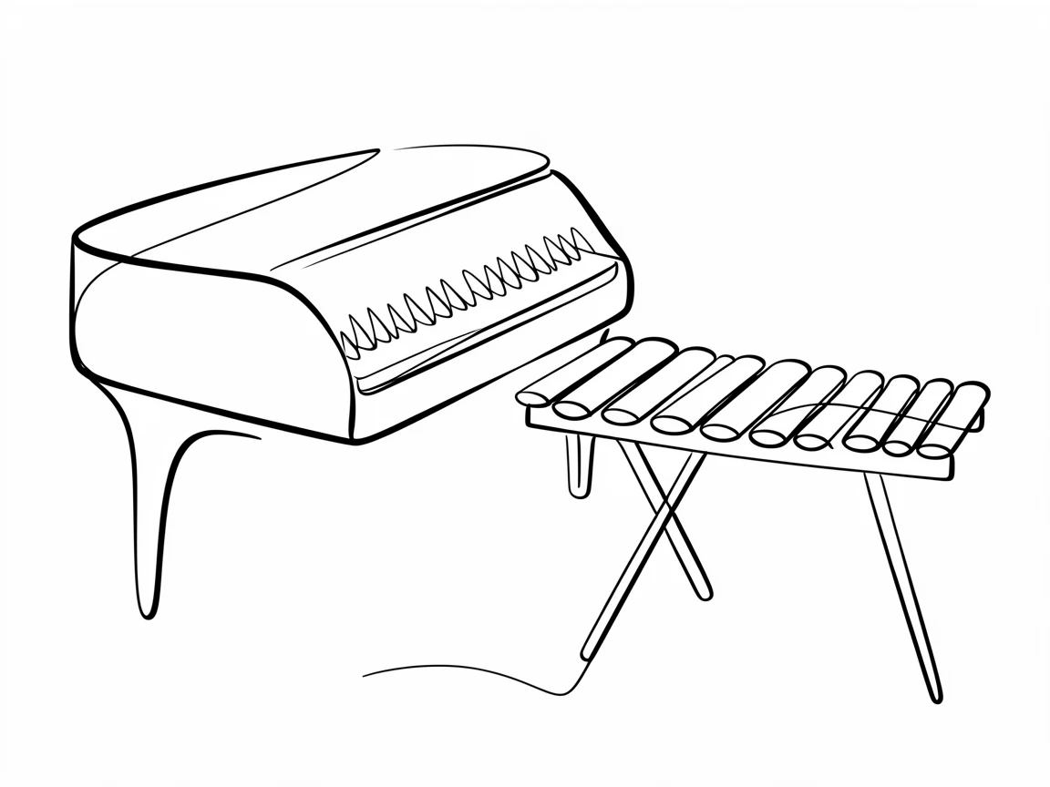 A xylophone resting on a stand beside a school music room piano