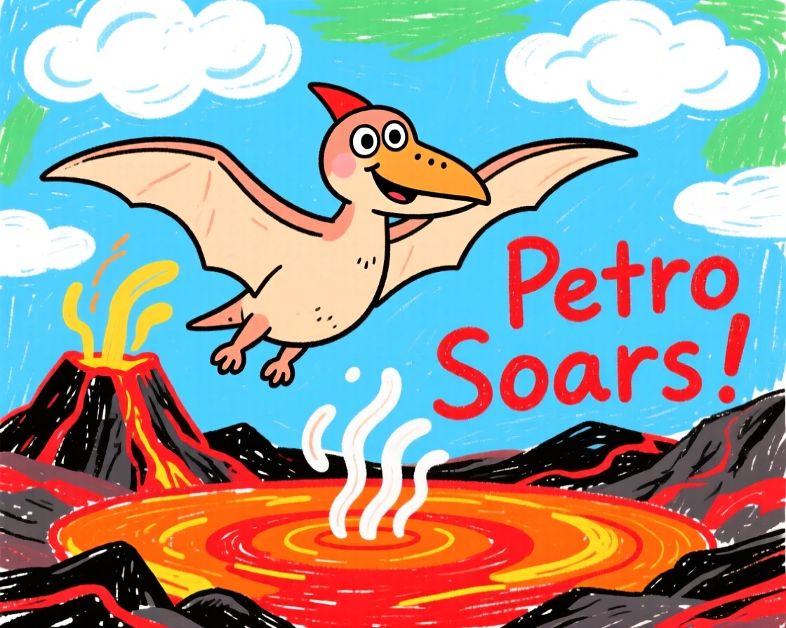 A soaring pterodactyl gliding above the clouds beside a steaming volcanic lake.