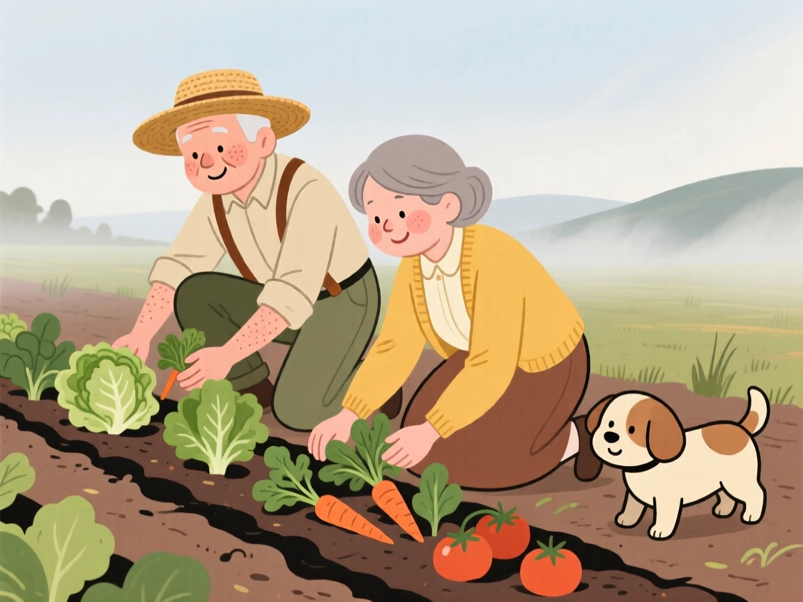 A elderly couple tends rows of fresh vegetables on a countryside plot as a lazy farm dog wander nearby and the morning mist begins to lift.