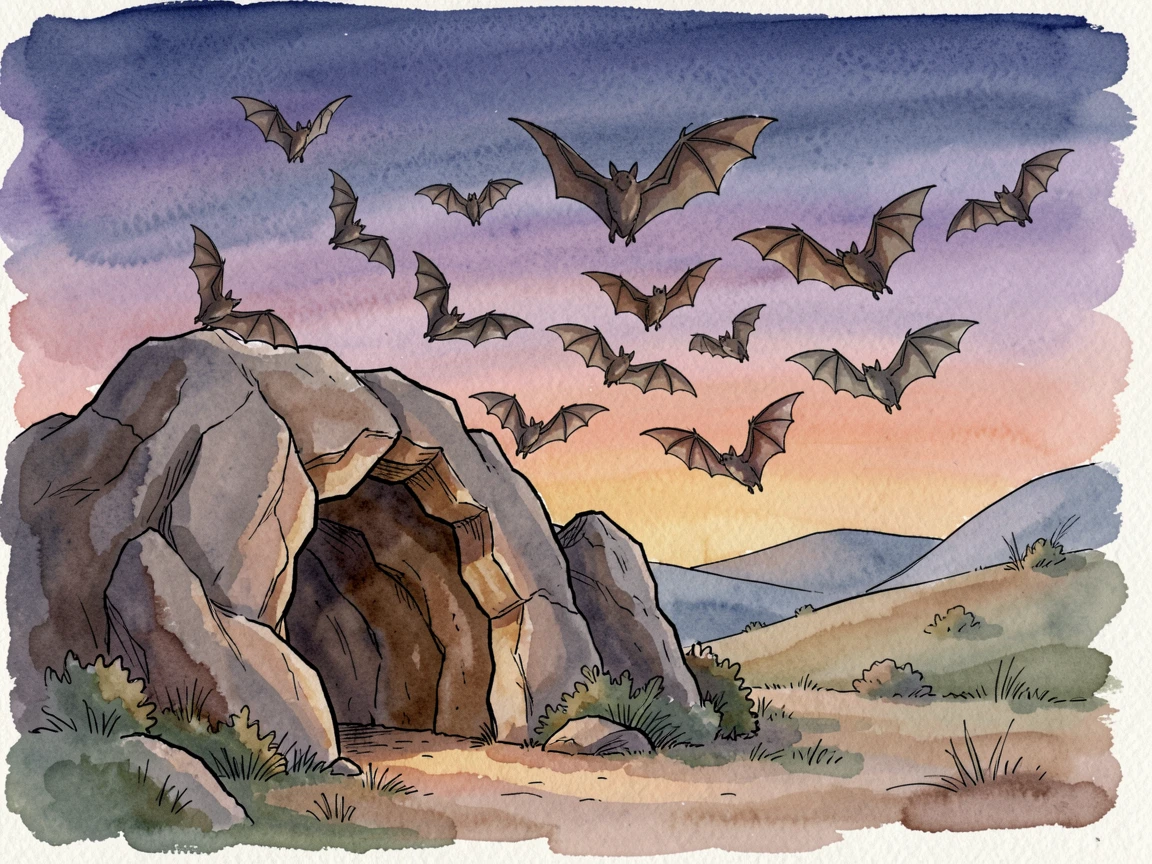 A colony of bats swirling out from a cave entrance at dusk, their movements calm and unhurried in the quiet surroundings.