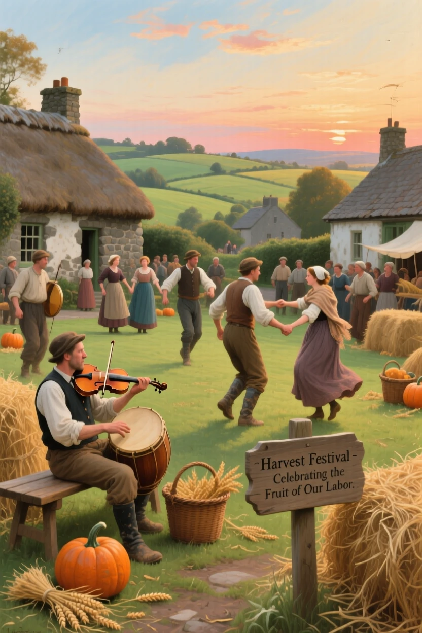 An Irish village celebrating a traditional harvest festival with music and dance, as golden or dramatic lighting sets a timeless, cinematic mood, bringing a vivid, immersive moment of history to life