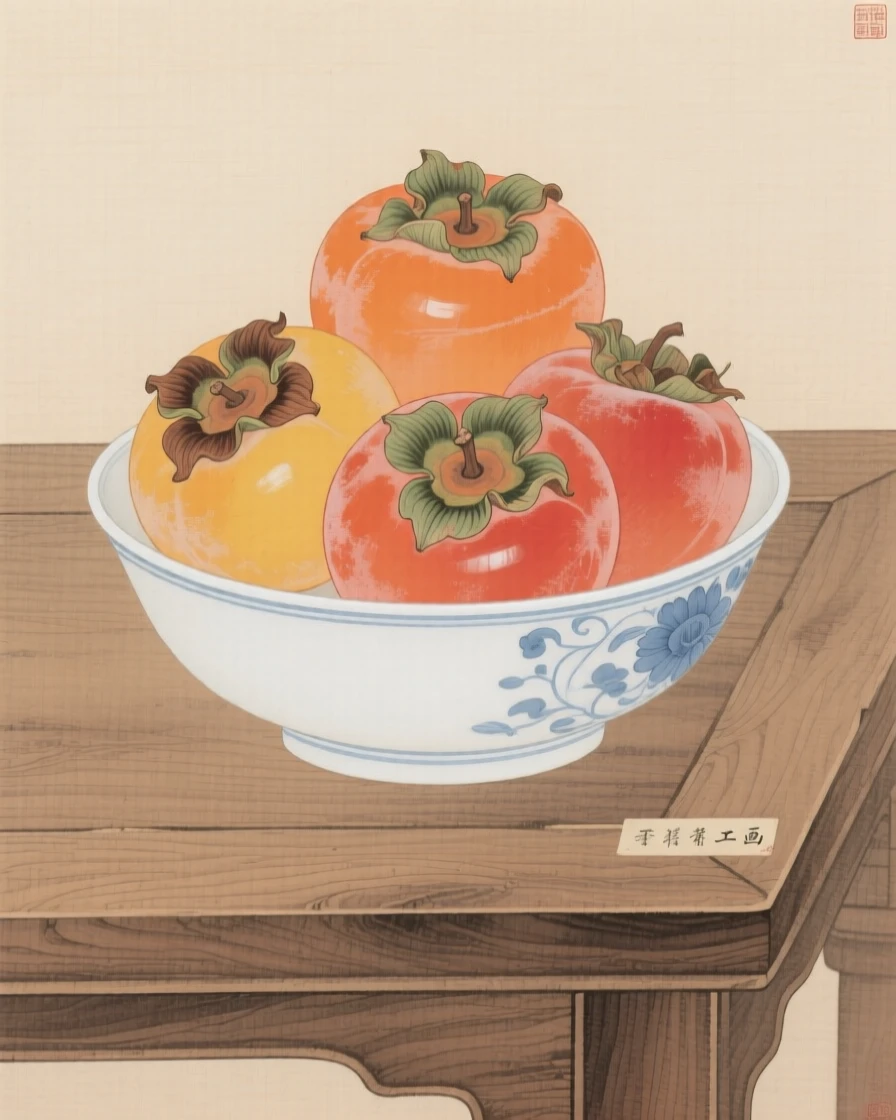 A bowl of ripe persimmons on a wooden table