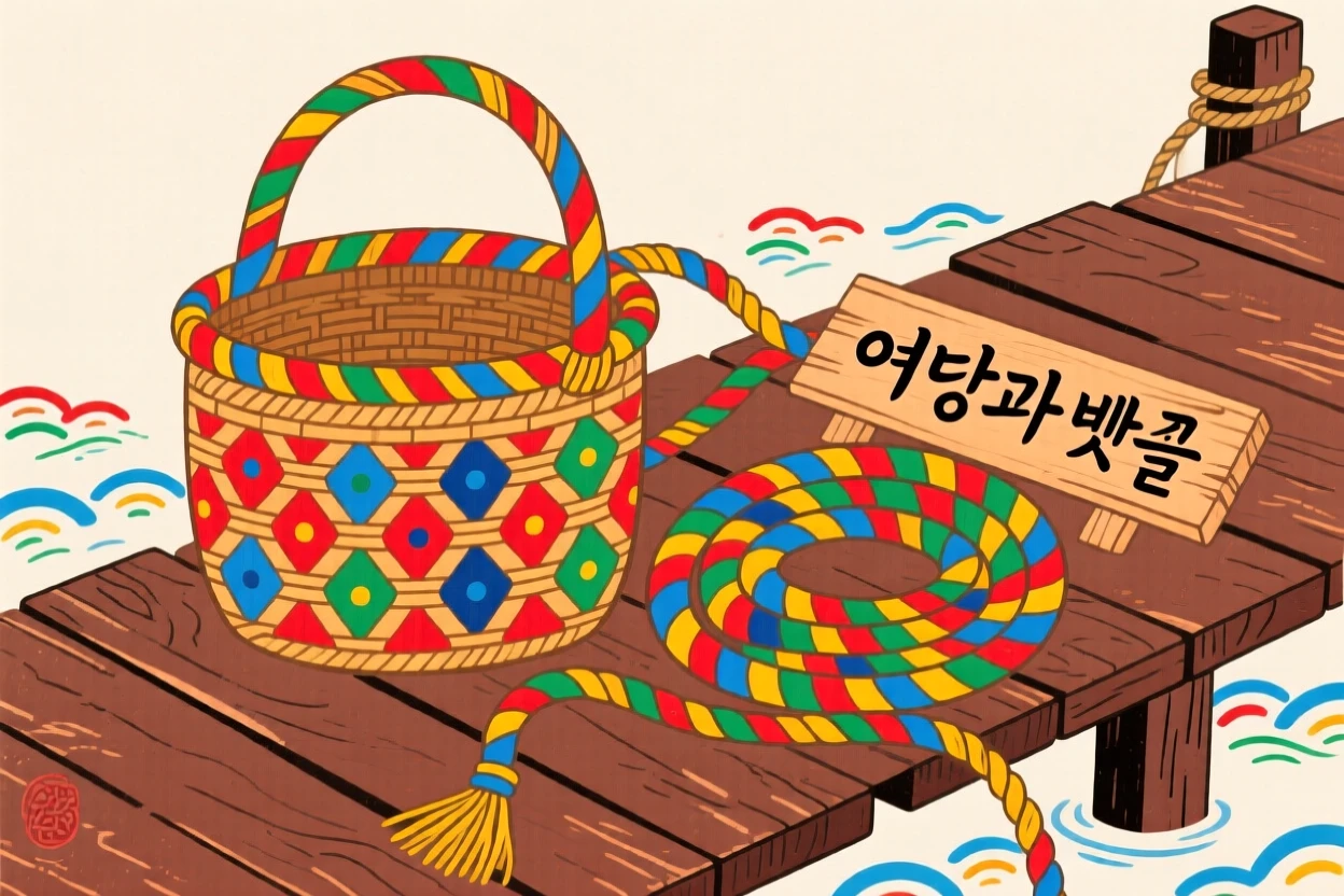 A woven fishing basket resting beside a coil of rope on a wooden dock.
