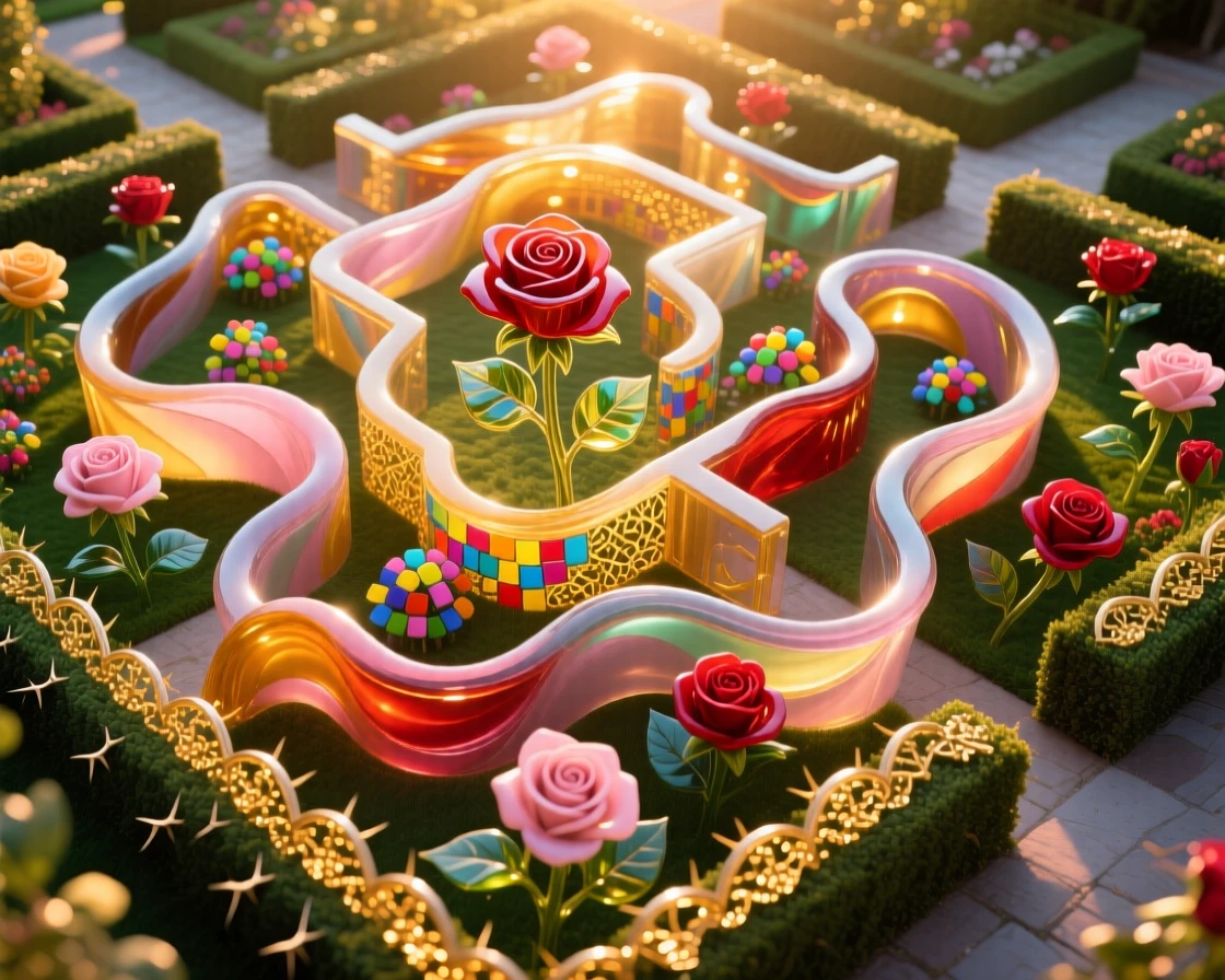 A grand rose garden maze viewed from above at golden hour, elegant and intricate.