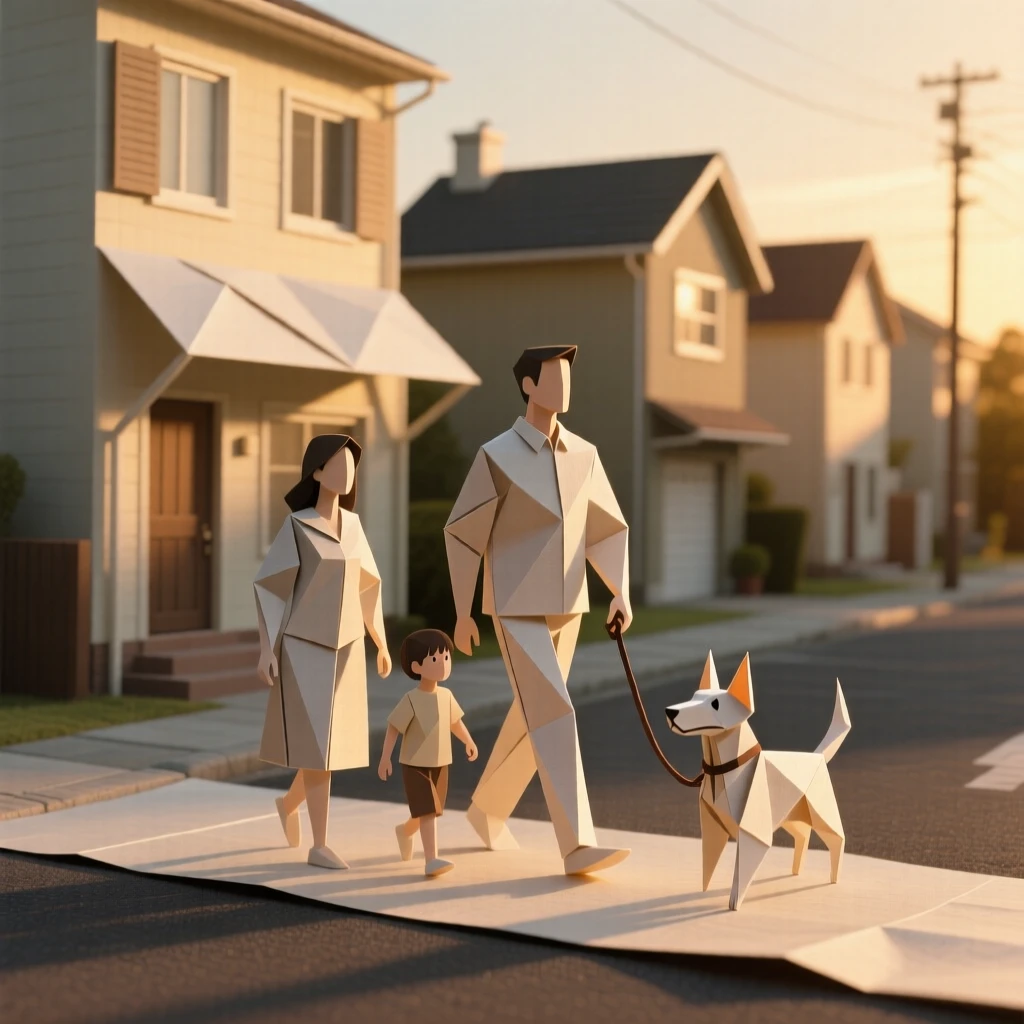 A family walking a dog together through a quiet neighborhood at golden hour.