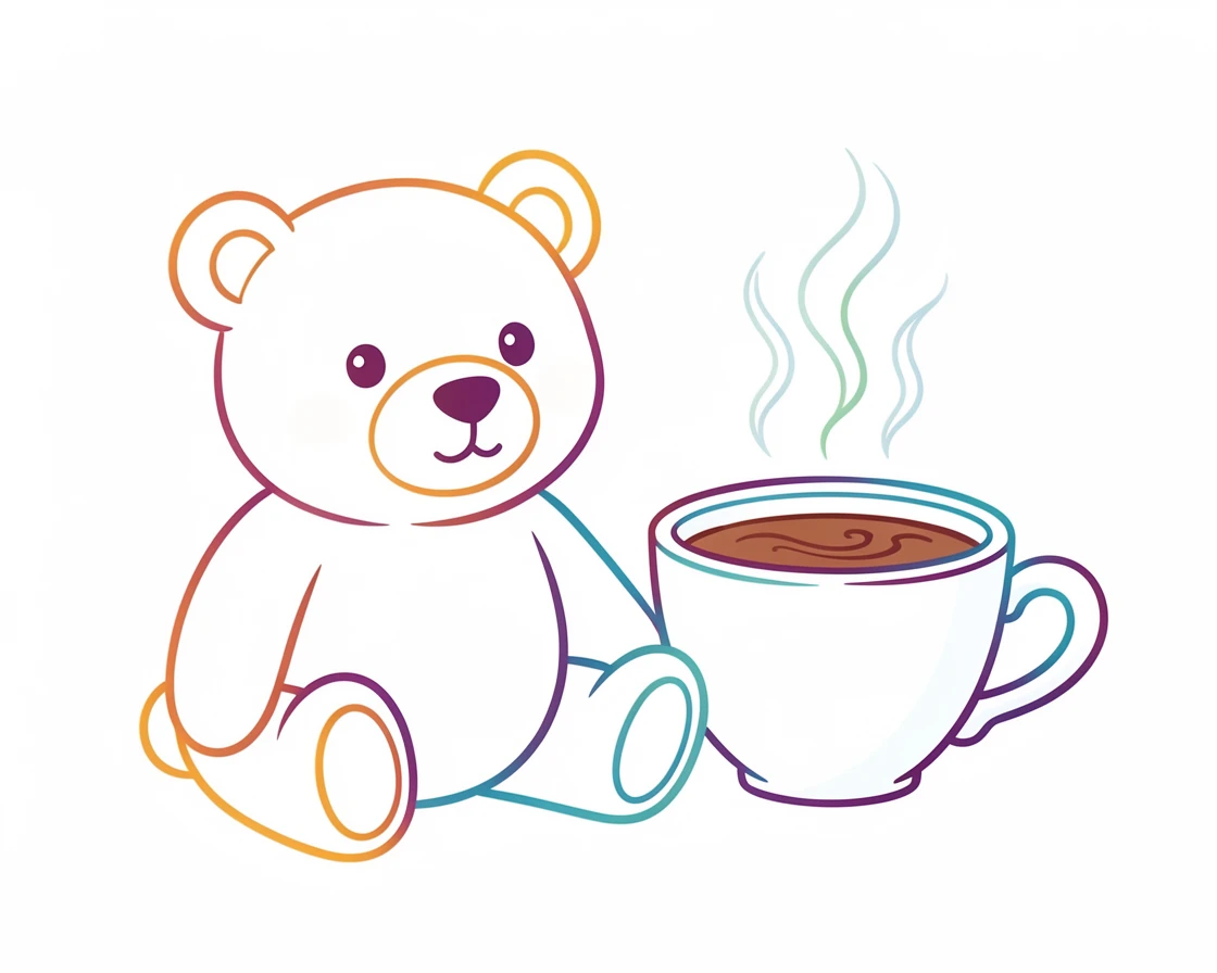 A round teddy bear character sitting beside a cup of steaming cocoa.