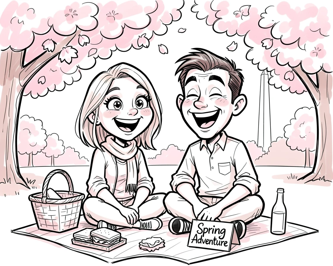 [Travel & Cultural Experiences] Vivid travel scene of a couple sharing a picnic beneath the cherry blossoms in Washington DC, full of wonder and adventure
