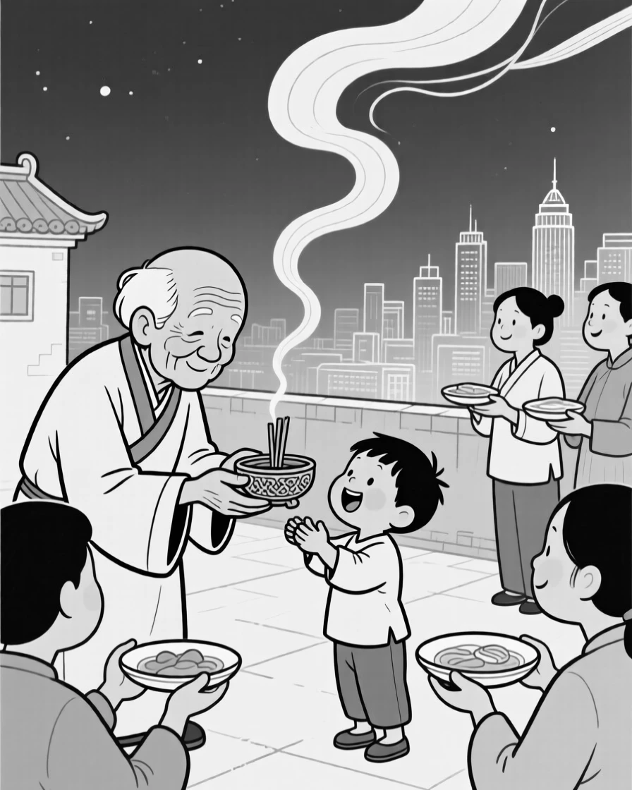 An elder blessing a young child during a ceremony, passing dishes around with warm, animated chatter, set on a rooftop overlooking a city skyline at night. Incense smoke curls gently upward. The scene overflows with communal joy and tradition.