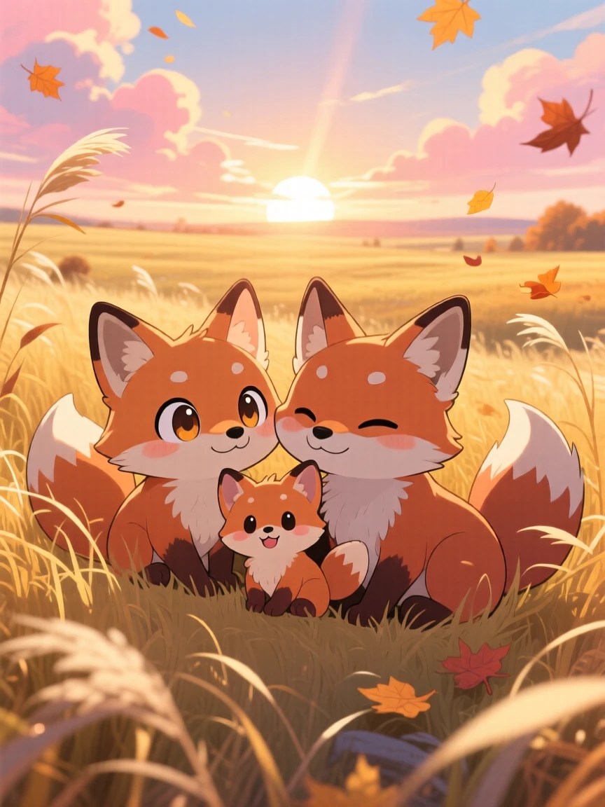 In a windswept prairie at sunset, a fox family is resting together in tall golden grass during golden autumn harvest season, bathed in rays of sunrise breaking through clouds, expression full of warm affection. Shot as an extreme close-up.