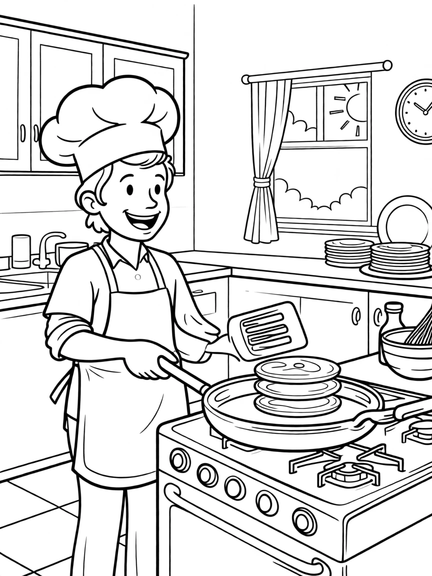 A chef flipping pancakes in a cheerful kitchen