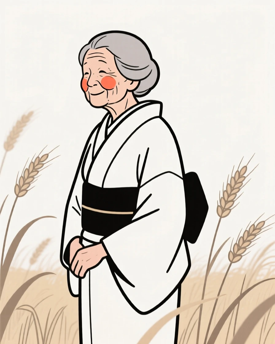 An elderly woman wearing a traditional kimono, exuding gentle warmth, in a wheat field at harvest.