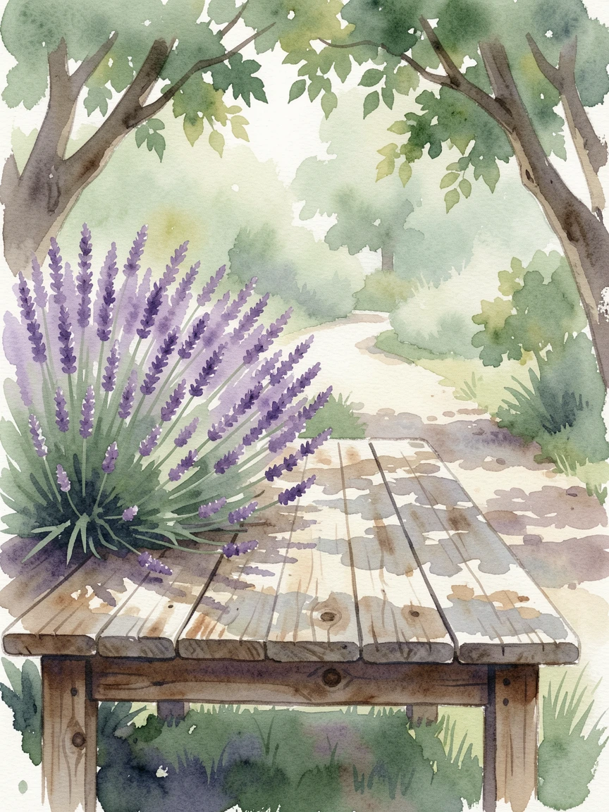 A garden path lined with lavender bushes on a rustic wooden table.