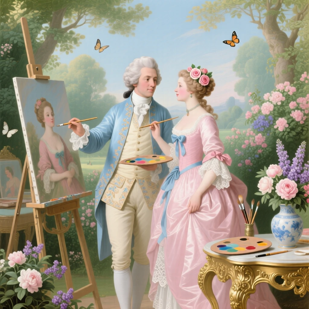 A gentleman and lady painting one another’s portraits in a garden studio  