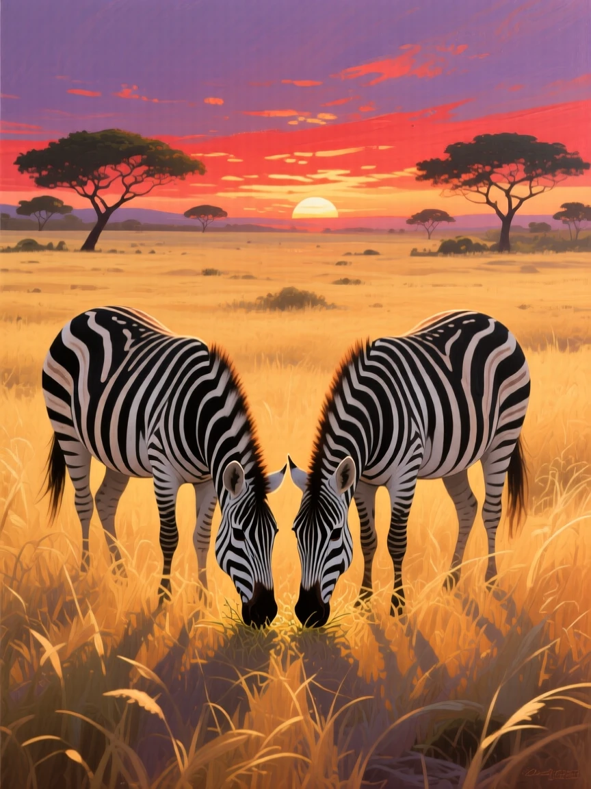 A pair of zebras graze side by side on the African savanna, their stripes creating a striking pattern against golden grass at sunset, the scene suggesting a fleeting, candid moment rather than a posed encounter.