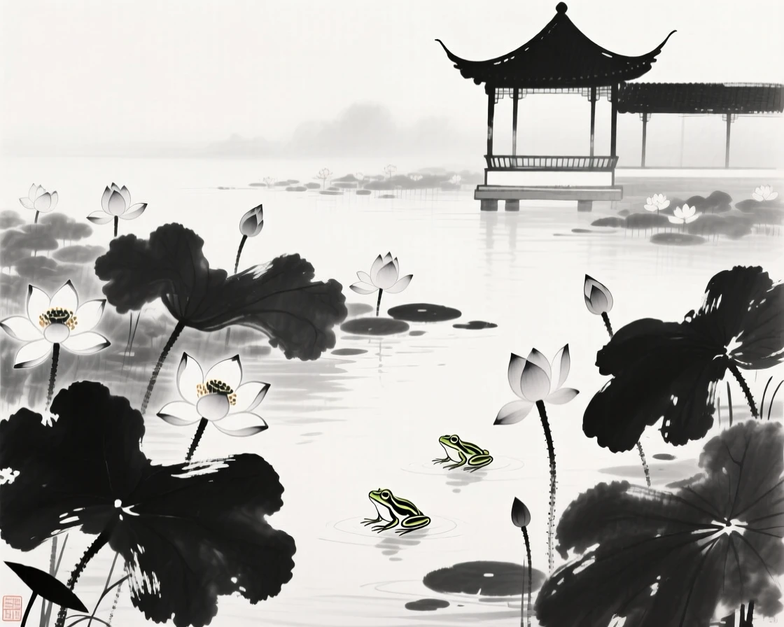 A pond filled with blooming lotus flowers stretches toward a distant pavilion, with frogs resting quietly among the leaves.