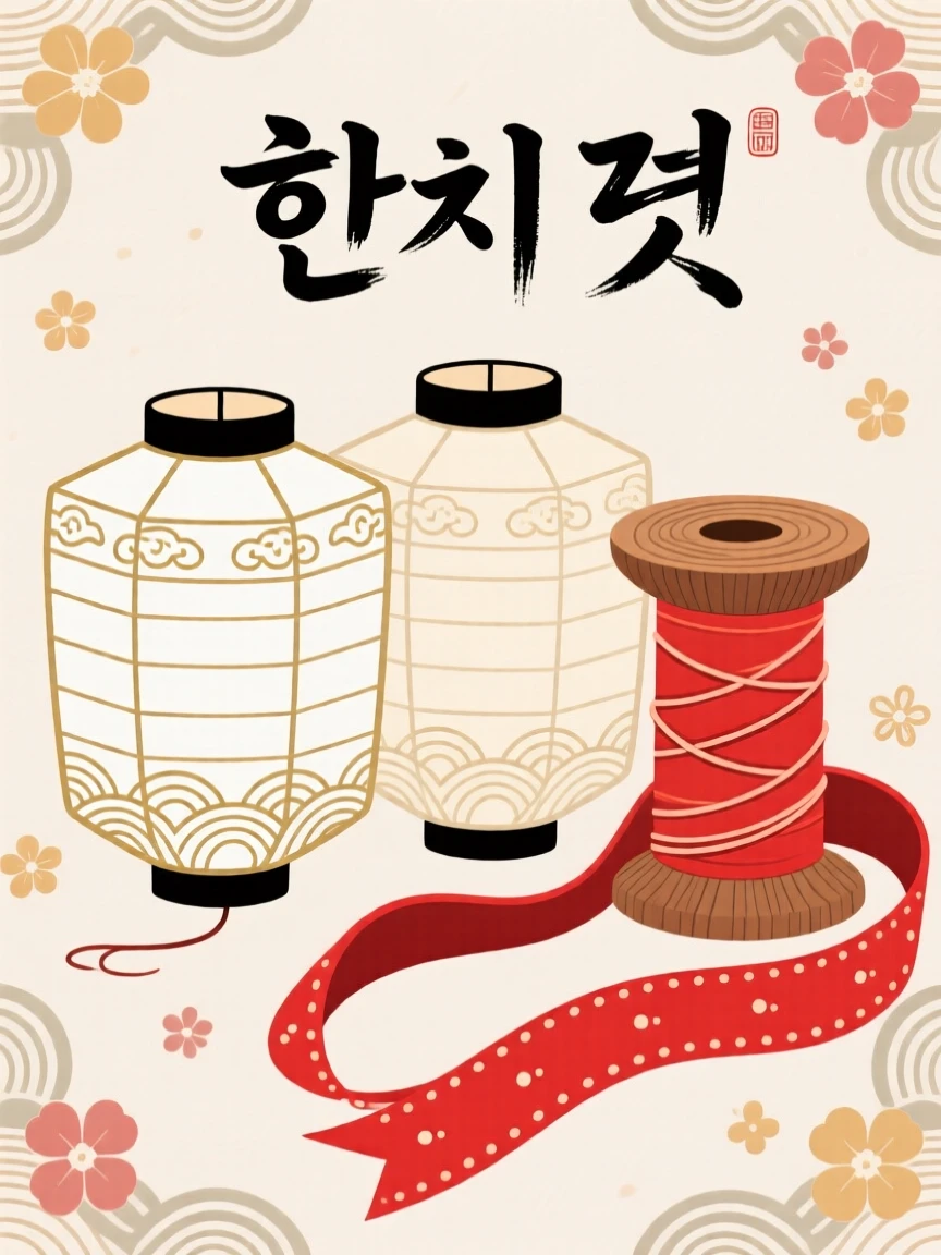 A pair of paper lanterns folded beside a spool of red ribbon.