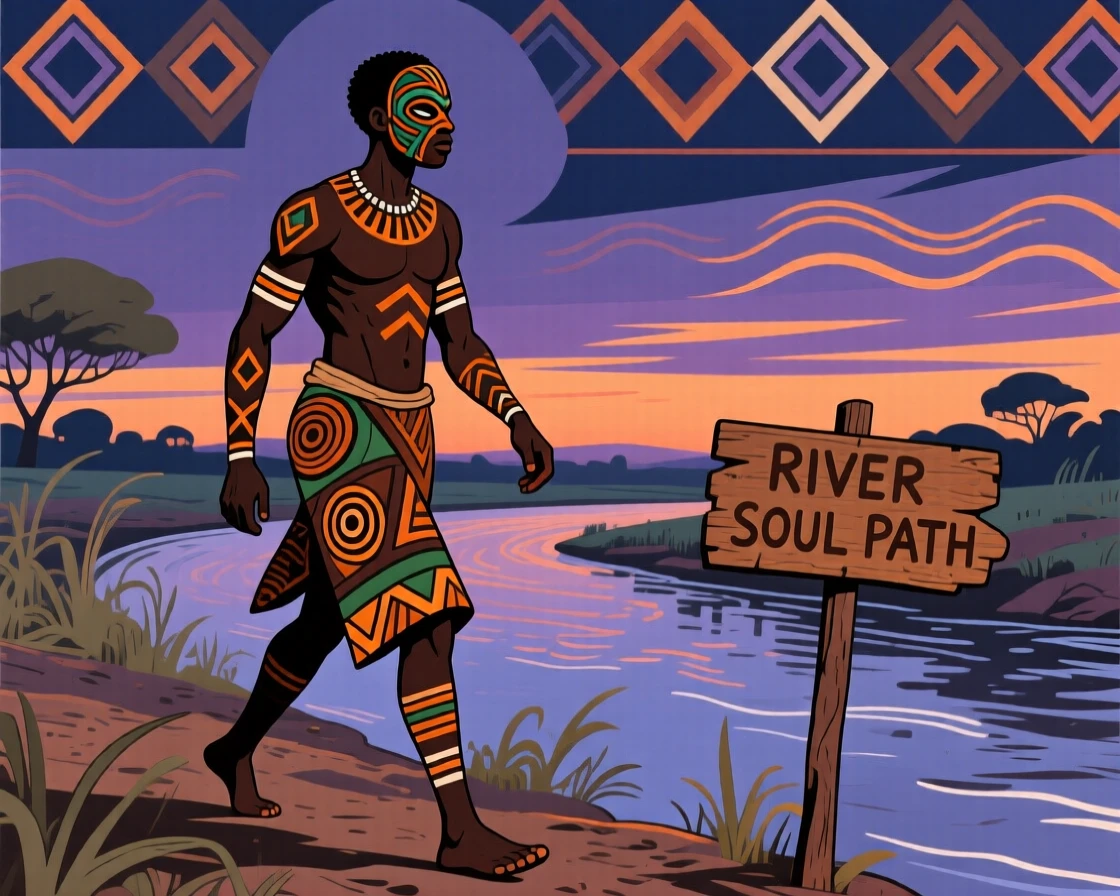A strong young farmer walking along a riverbank at dusk.